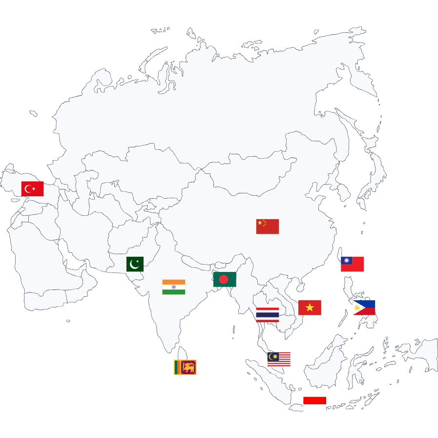 Mappa dell’Asia con i paesi evidenziati per i controlli qualità effettuati da ASIAPRO